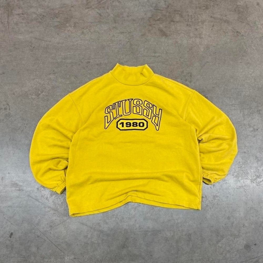 Stussy Mock Neck Sweatshirt Y2K Streetwear Relaxed Fit Men's size S Yellow
